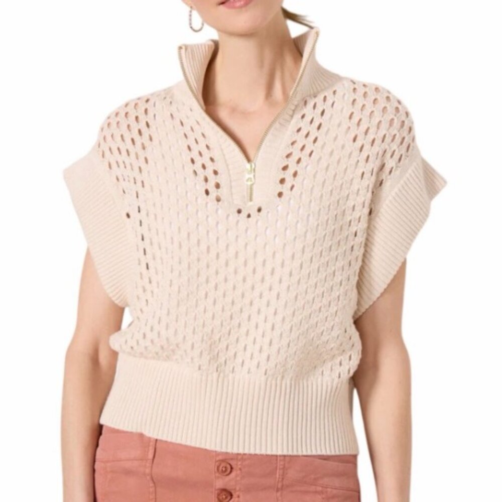 Varley Gaines Half Zip Sweater Top S Cream Cotton Pineapple Open Knit Coastal